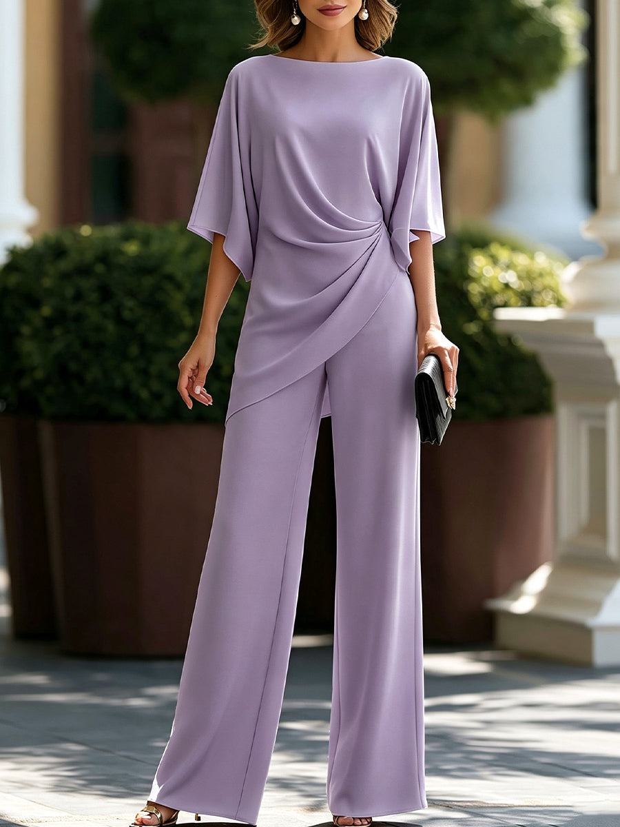 Gretchen | Ensemble chemisier drapé et pantalon à jambes larges
