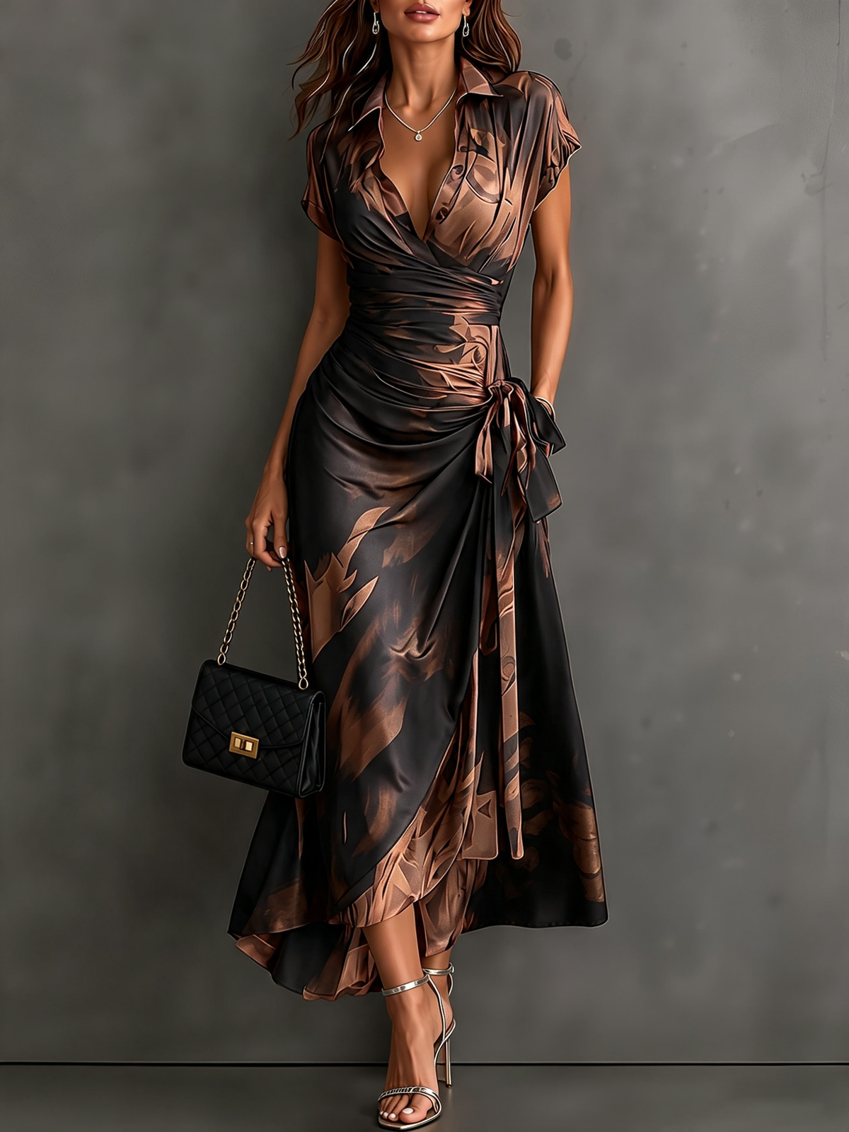 FRANCESCA | ROBE MIDI ENVELOPPANTE À IMPRIMÉ ABSTRAIT MARRON