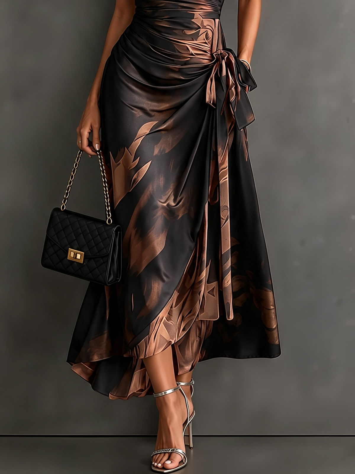 FRANCESCA | ROBE MIDI ENVELOPPANTE À IMPRIMÉ ABSTRAIT MARRON