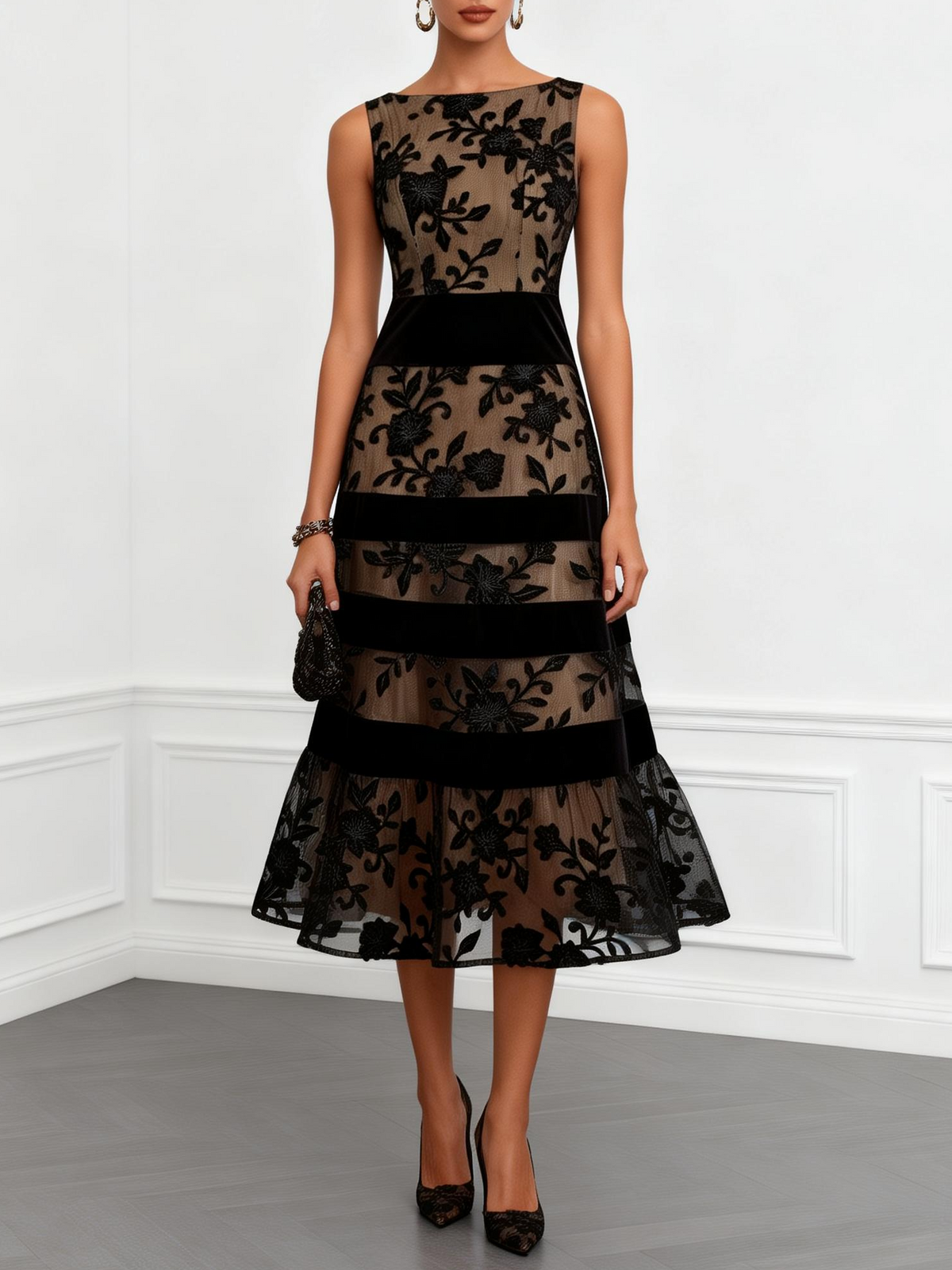 Estelle | Robe Midi Sans Manches en Résille Noire
