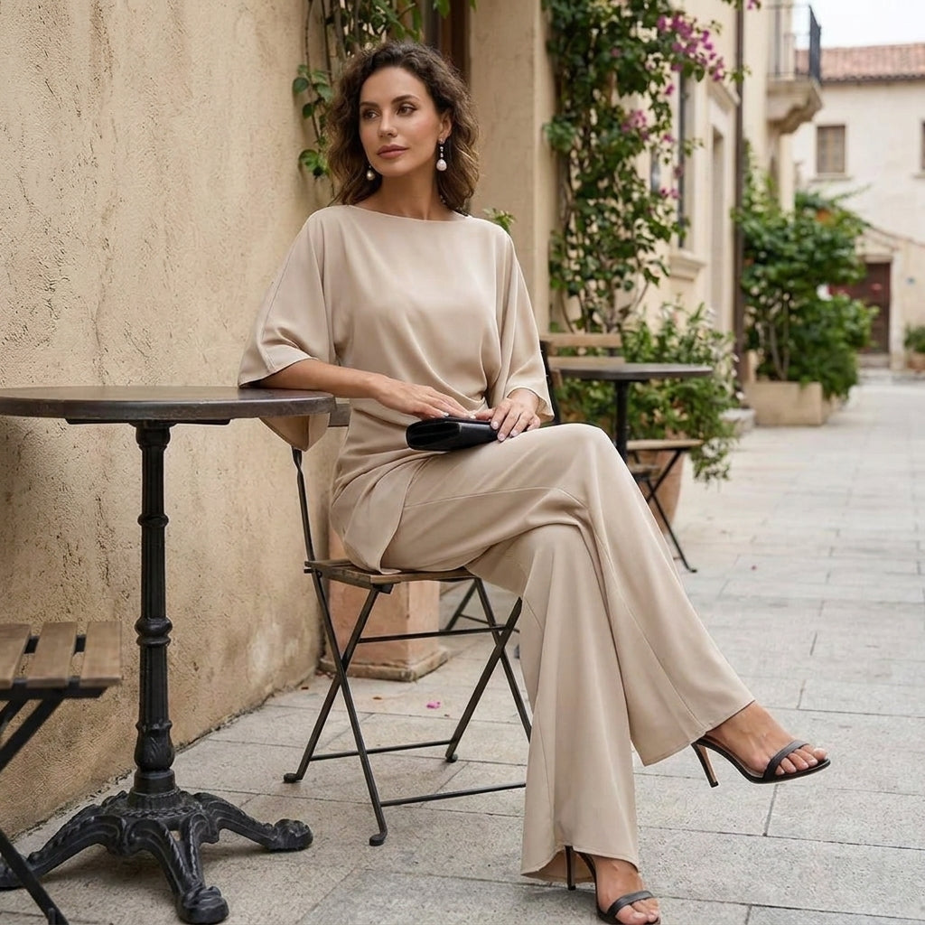 Gretchen | Ensemble chemisier drapé et pantalon à jambes larges