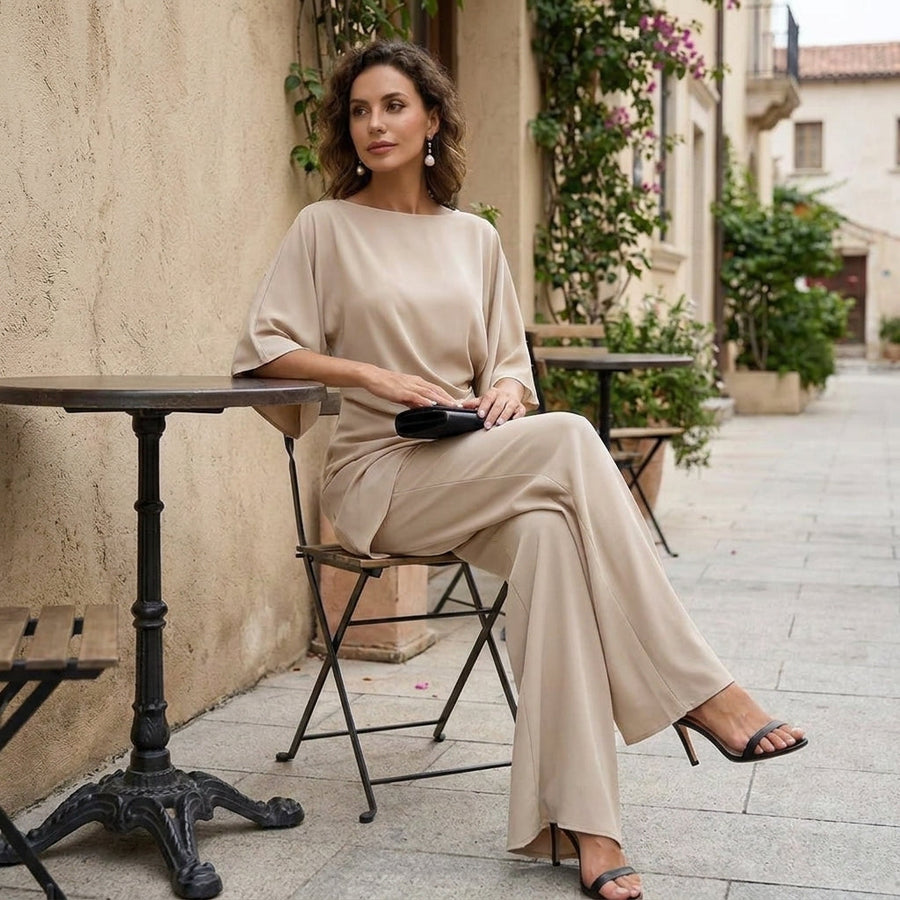 Gretchen | Ensemble chemisier drapé et pantalon à jambes larges