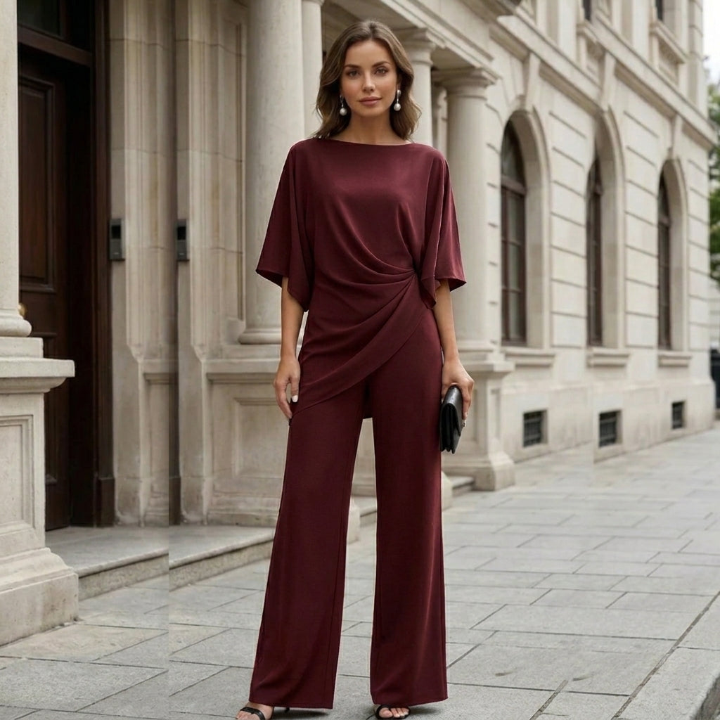 Gretchen | Ensemble chemisier drapé et pantalon à jambes larges