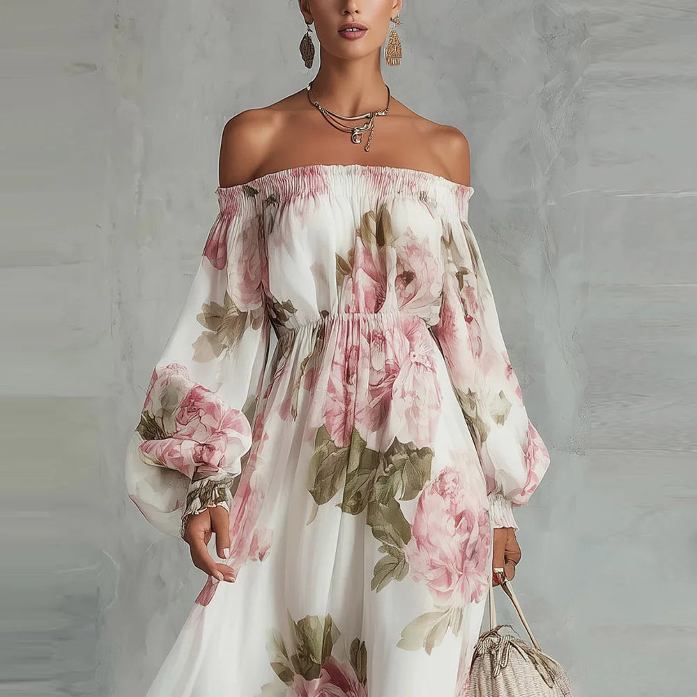 Pivoine | Robe Maxi Fleurie Épaules Dénudées