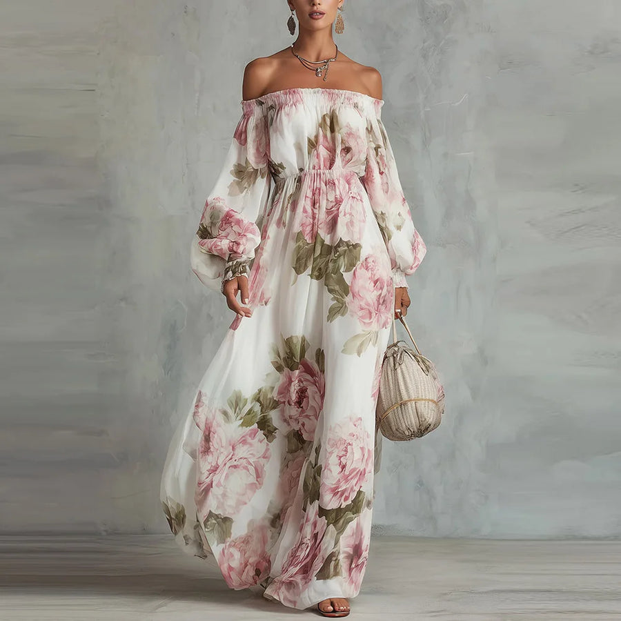 Pivoine | Robe Maxi Fleurie Épaules Dénudées