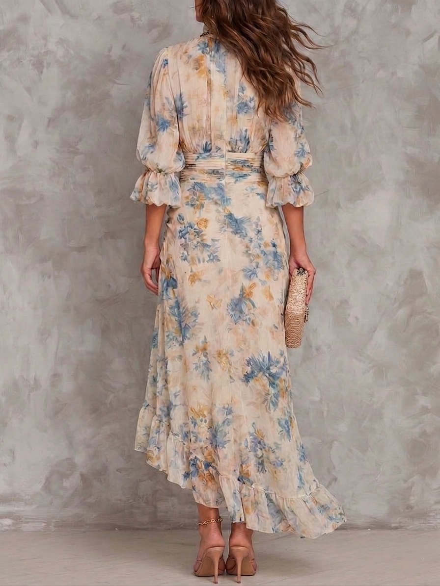 Béatrice | Robe Maxi Fleurie Col Haut Beige