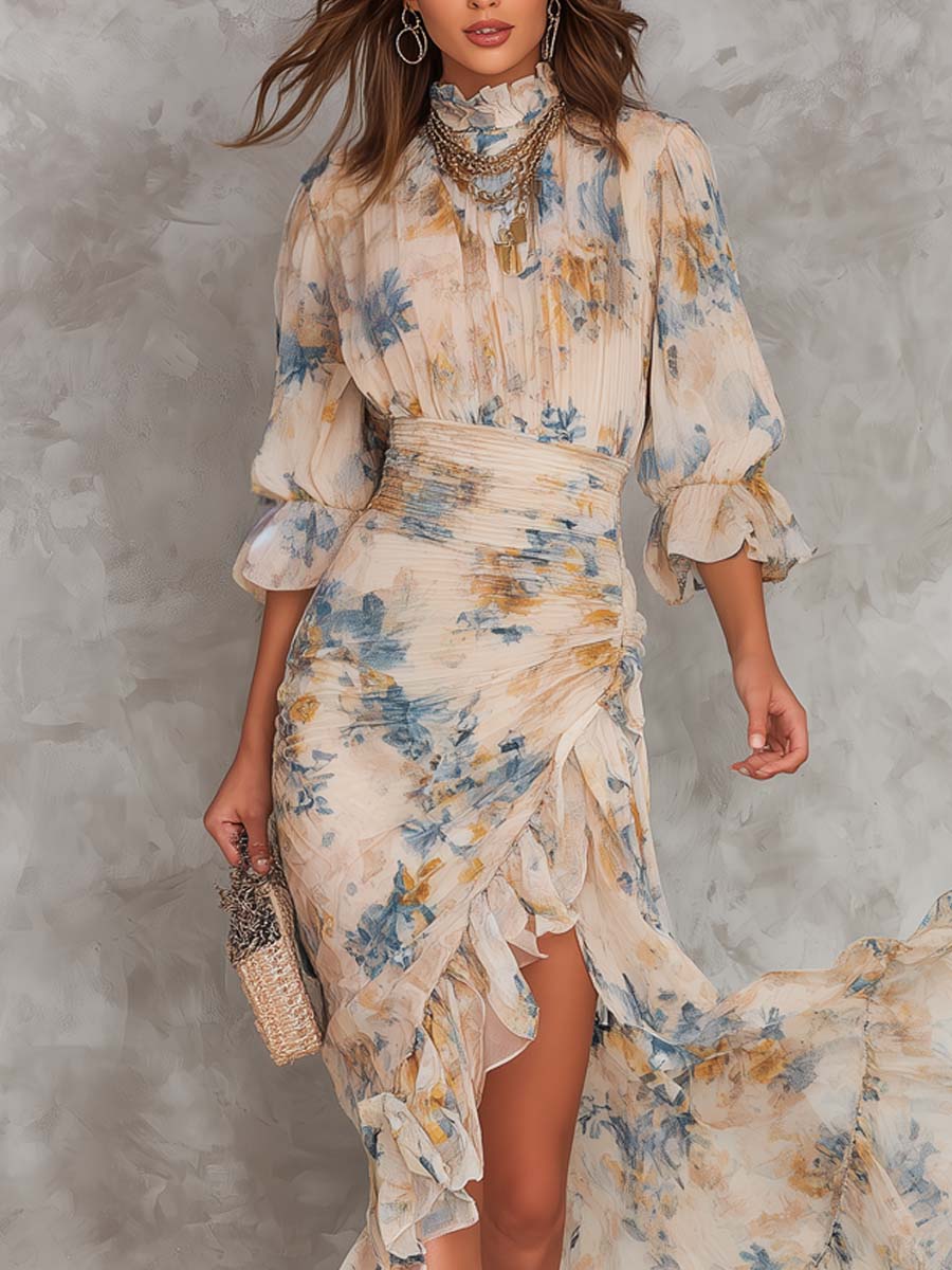 Béatrice | Robe Maxi Fleurie Col Haut Beige
