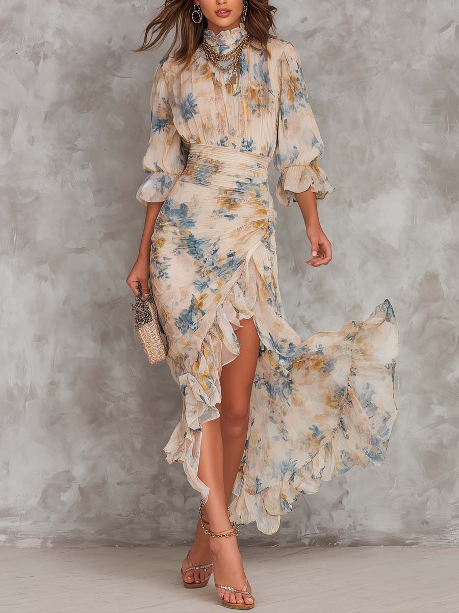 Béatrice | Robe Maxi Fleurie Col Haut Beige
