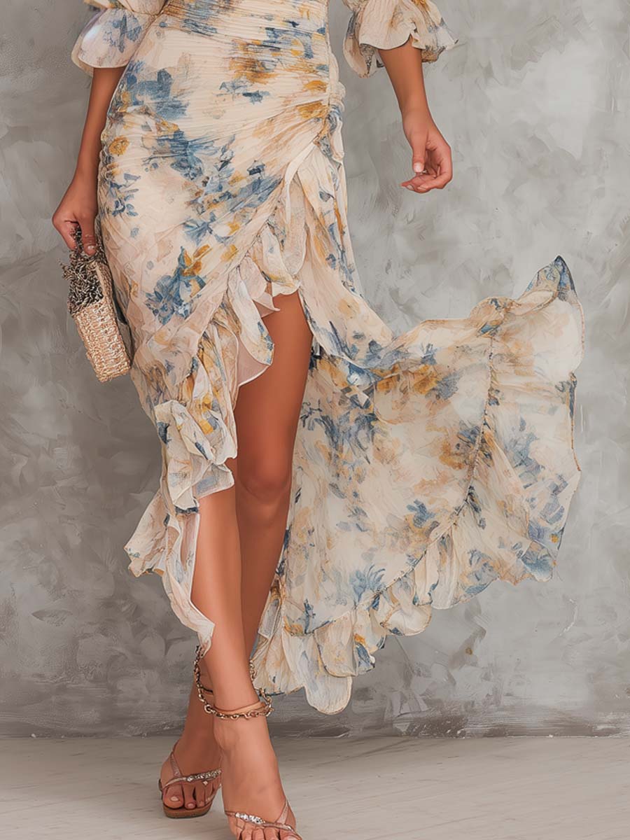 Béatrice | Robe Maxi Fleurie Col Haut Beige